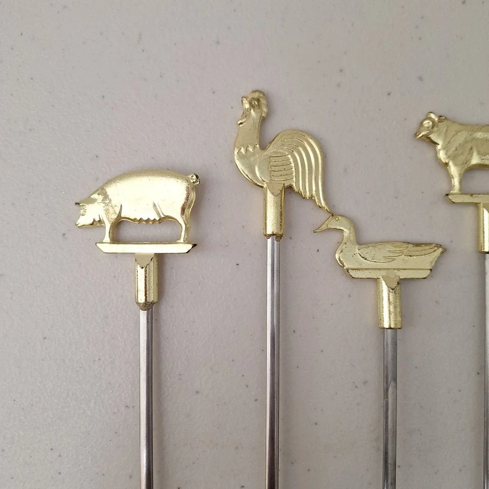Vintage Set Of 6 Brass Skewers Tops Farm Animals 15